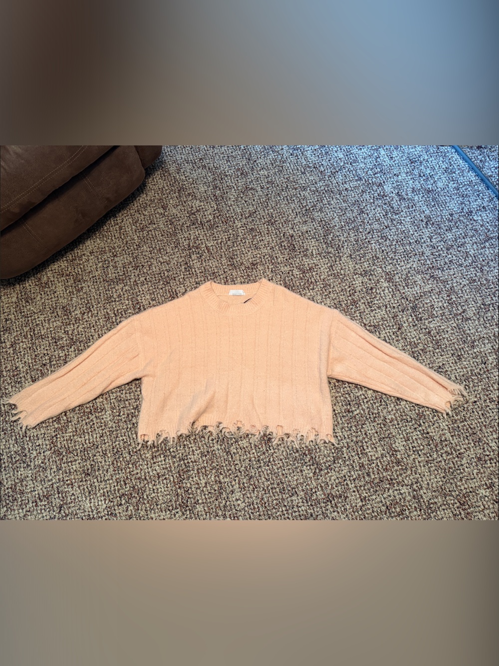 Double Zero Peach Ribbed Fringe Hem Crewneck Sweater